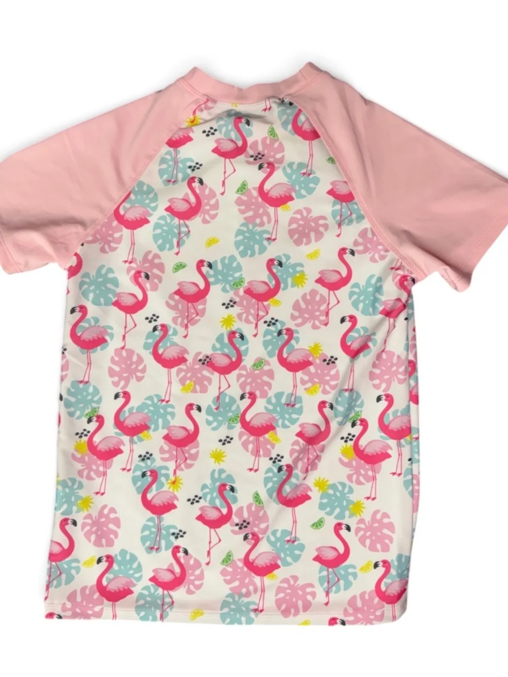 Girls Flamingo Rash Guard Swim Top Pink Tropical Short Sleeve US 12